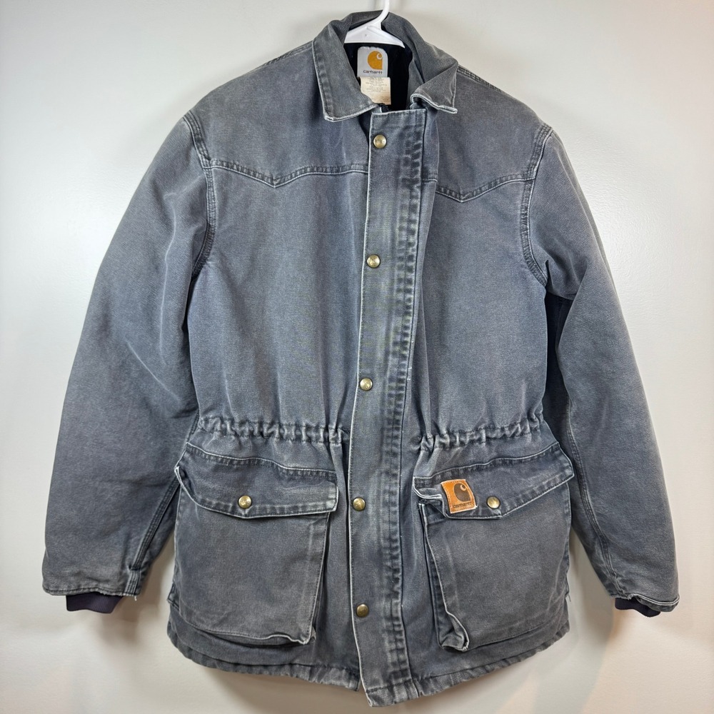 Vntg Carhartt Sandstone Coat USA Made C46PTL Petrol Gray Distressed Fade Men‎ S